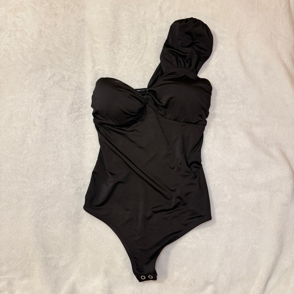 Express Bodysuit Black One Shoulder Ruffle Sweetheart Neckline NWT Small